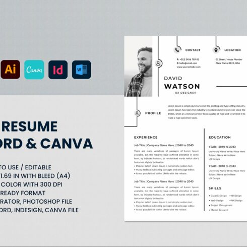 cv resume word and canva template cover image.