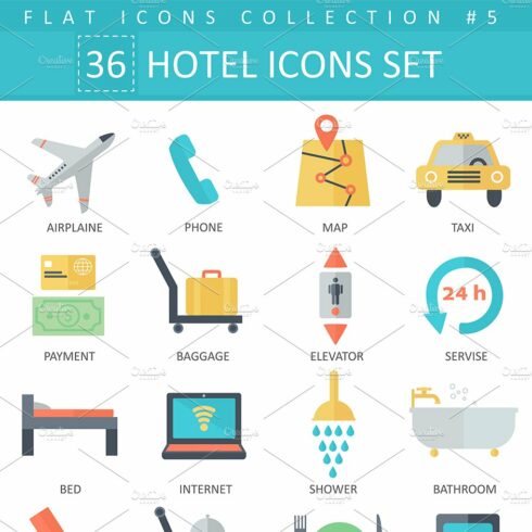 36 Hotel color flat icons set cover image.