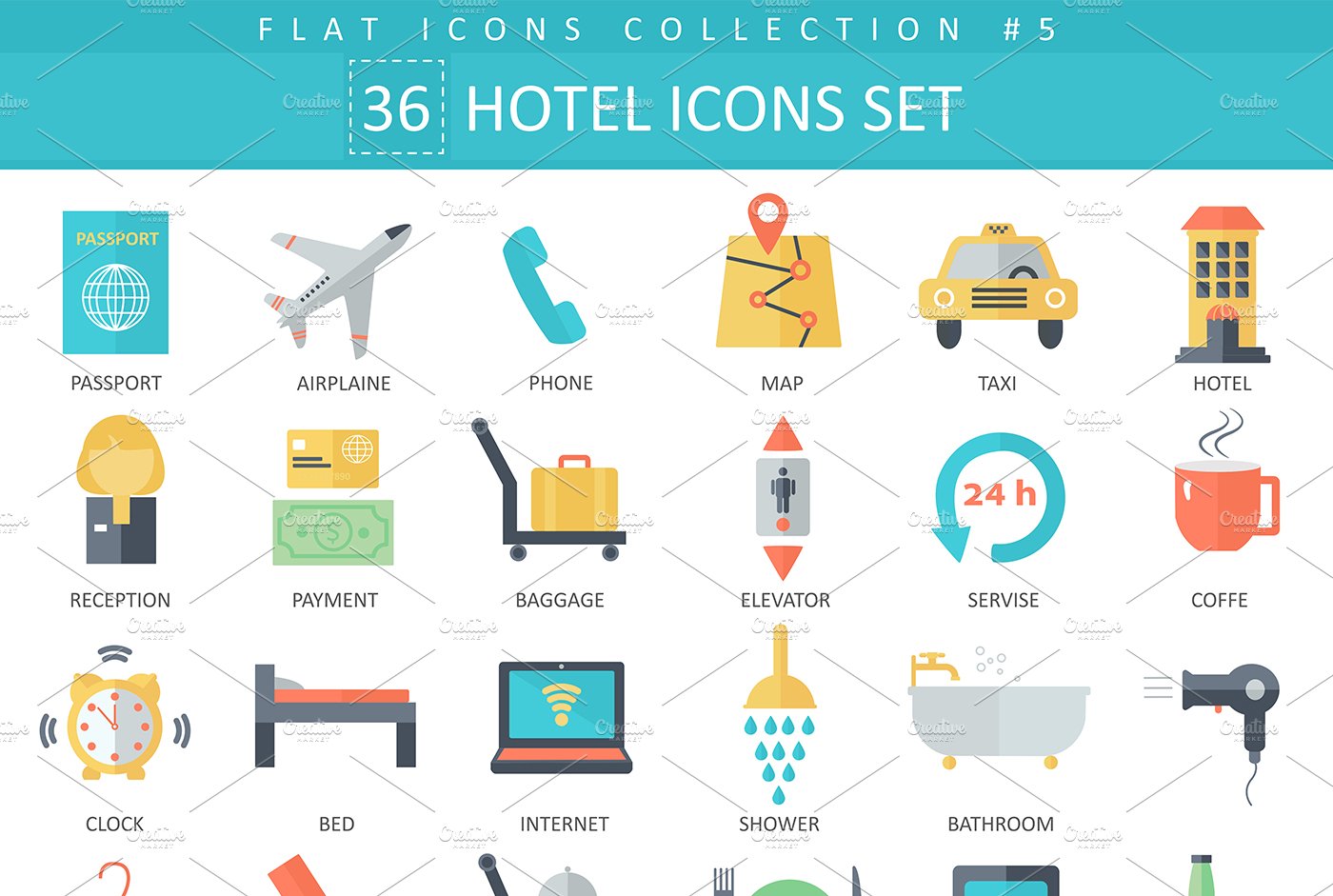 36 Hotel color flat icons set cover image.