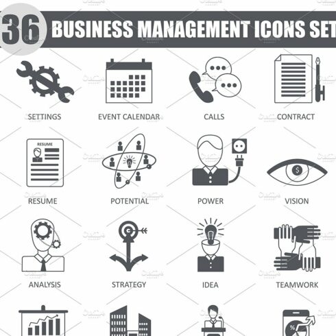 36 Business management black icons cover image.