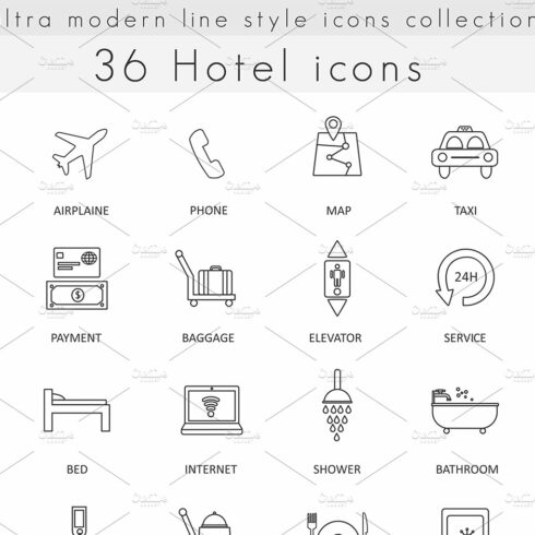 36 Hotel ultra modern line icons cover image.