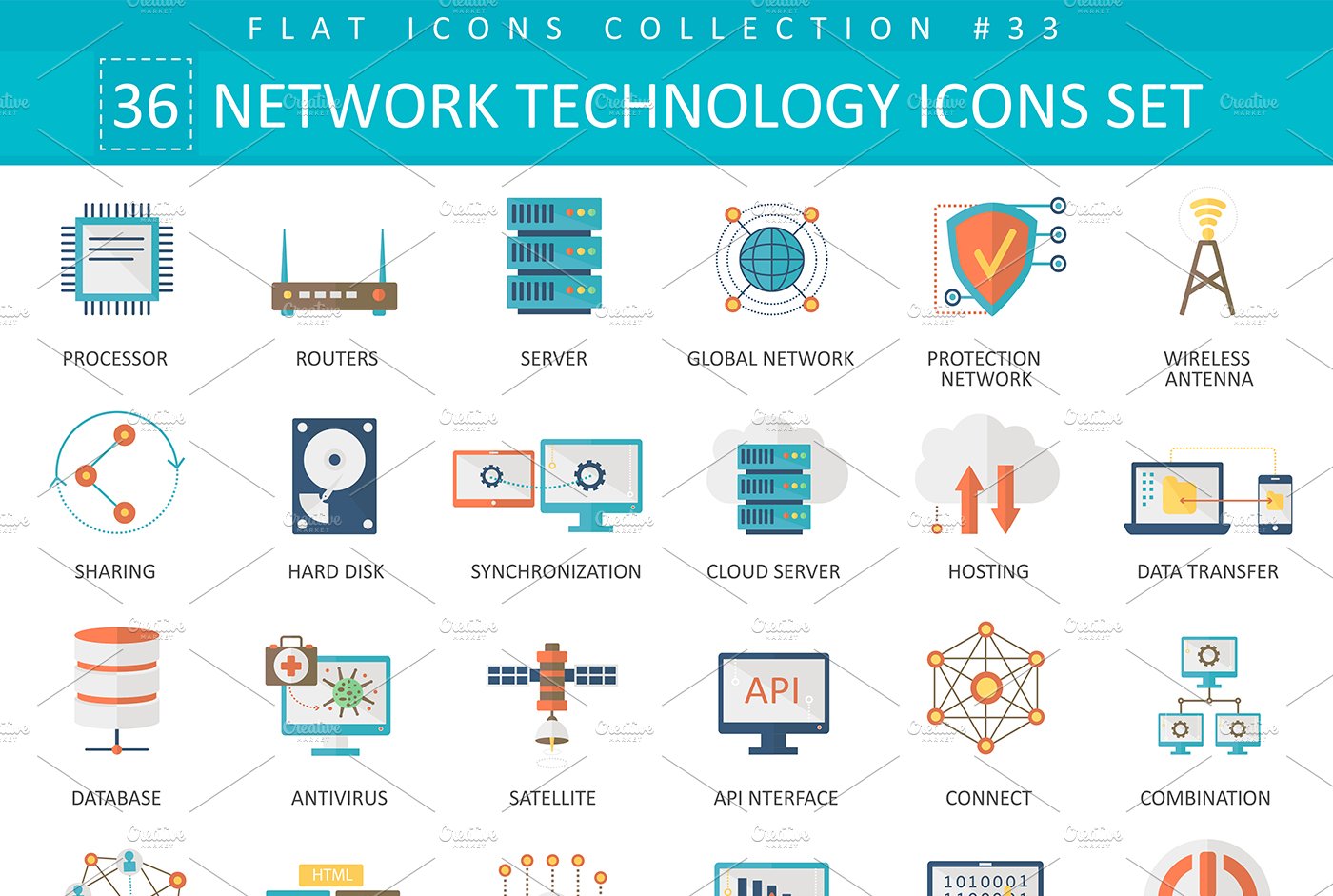 Network technology flat icons set. cover image.