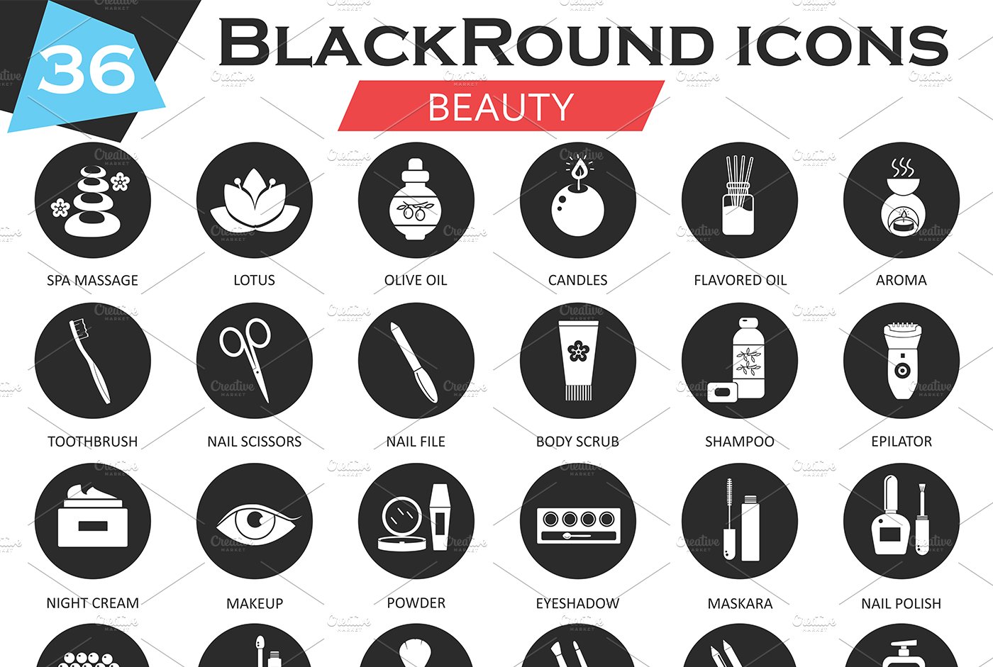 36 Beauty cosmetics circle icons set cover image.