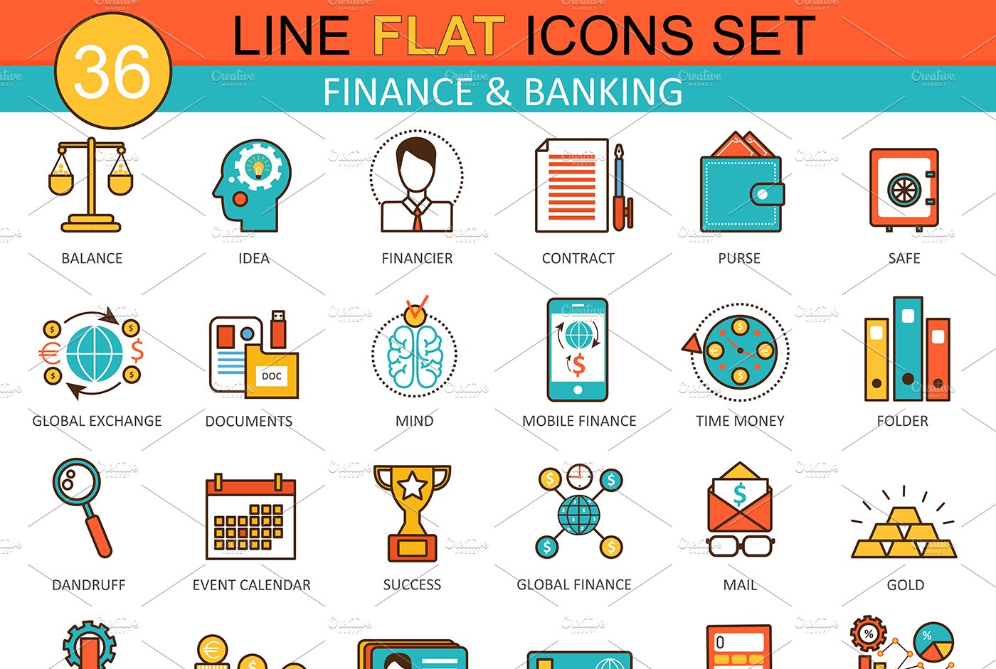 Finance & banking flat line icons cover image.