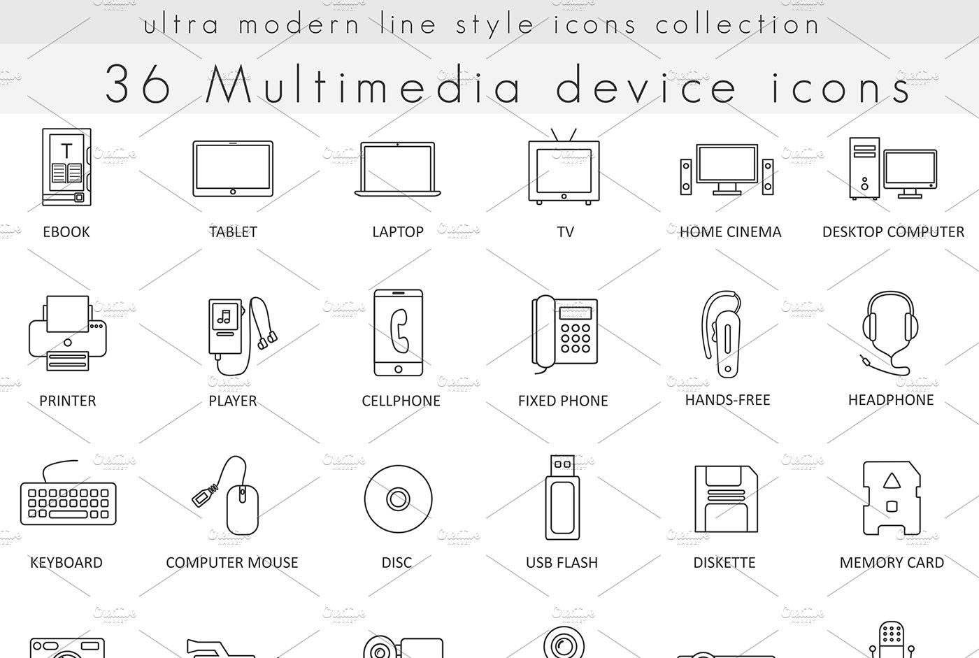 36 Multimedia devices line icons. cover image.
