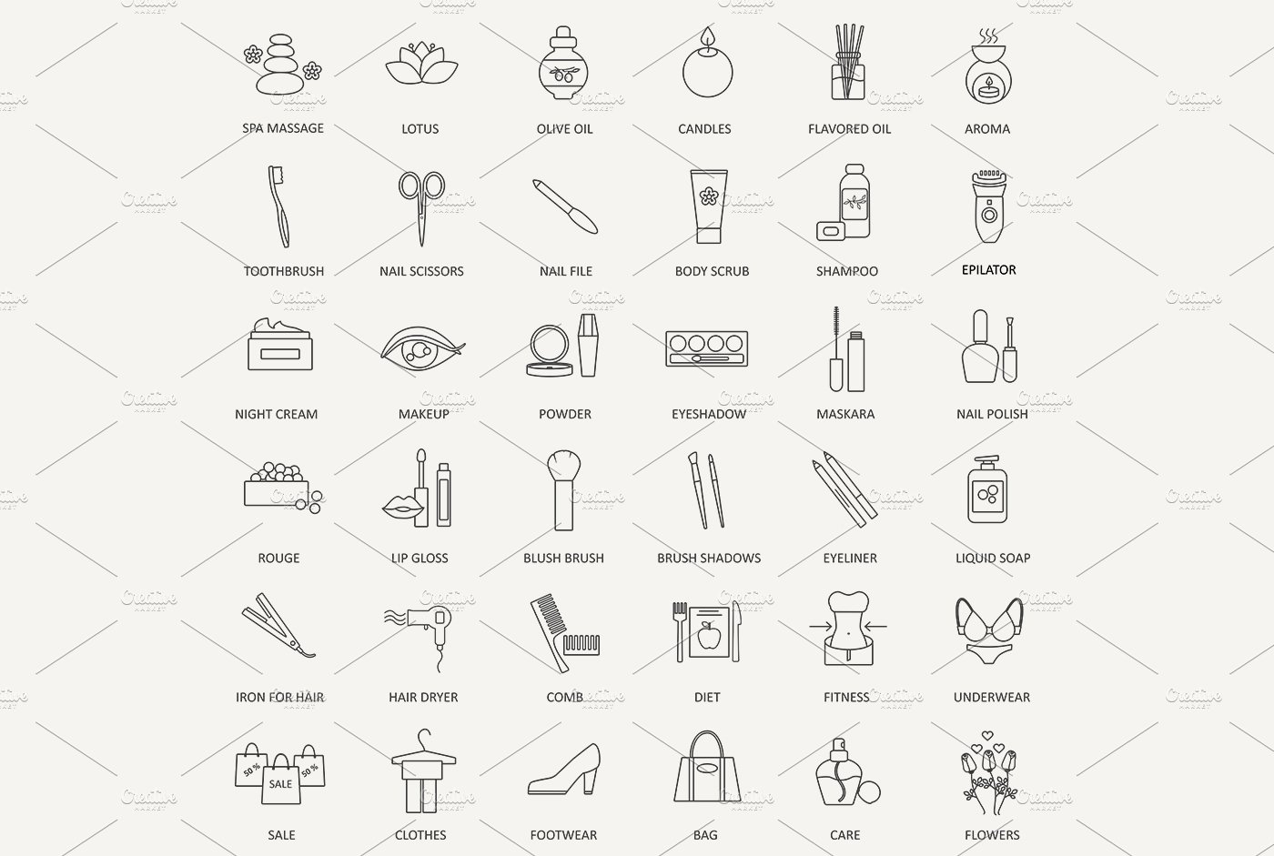 36 Beauty Cosmetics line icons set. preview image.