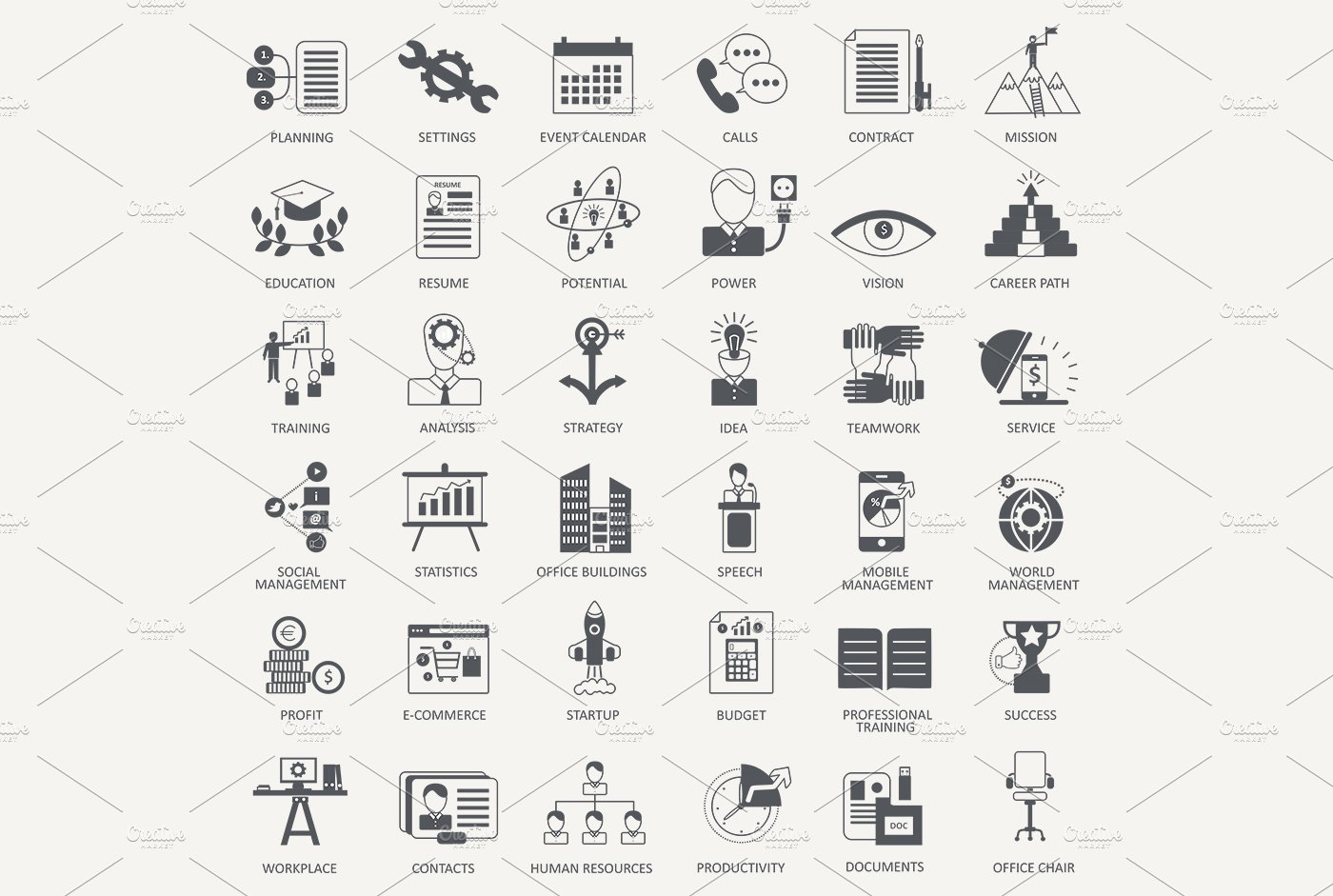 36 Business management black icons preview image.