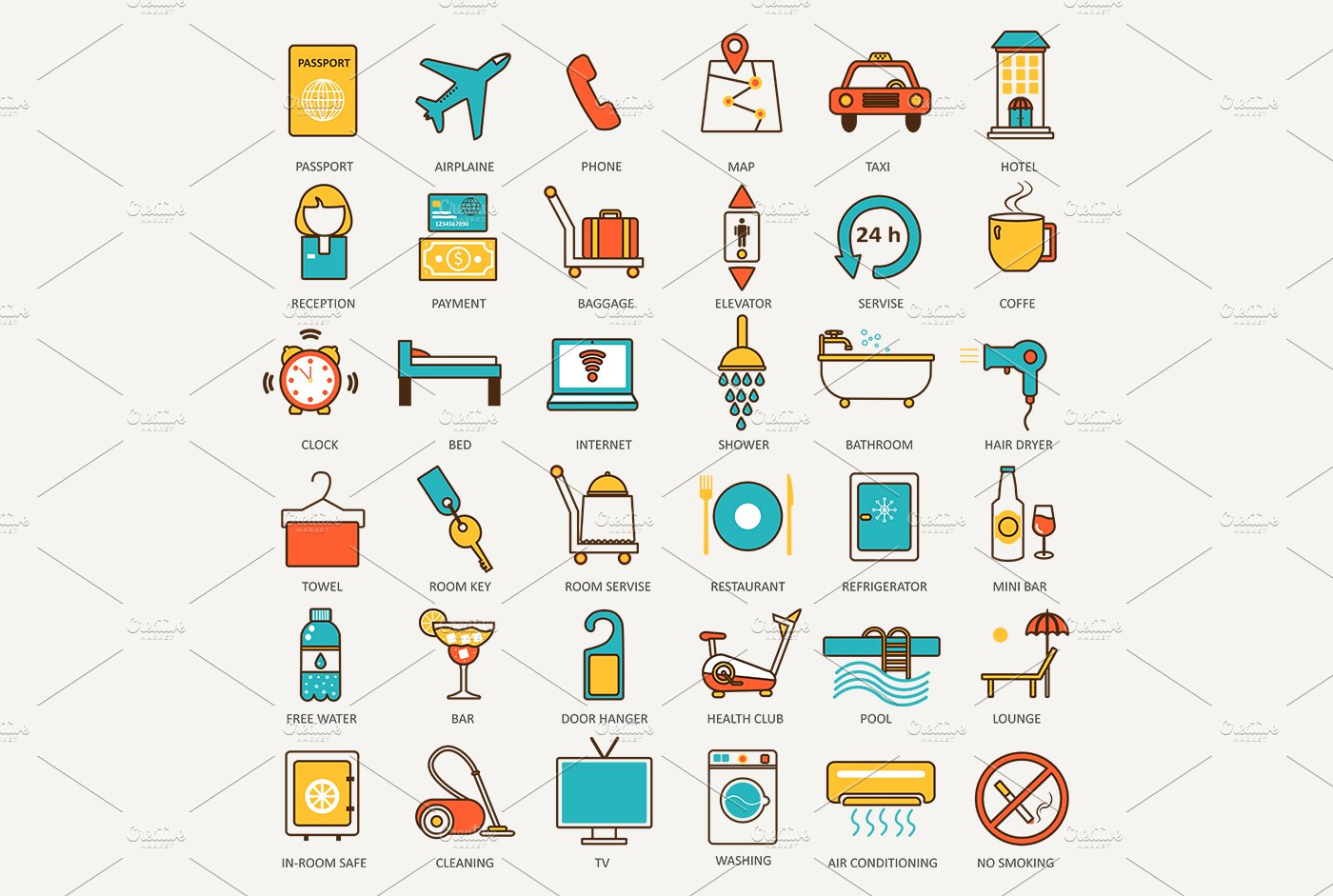 36 Hotel flat line icons set. preview image.
