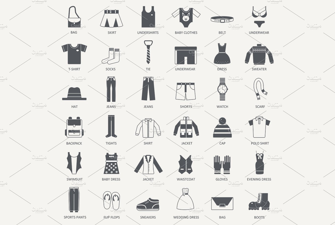 36 Clothes black icons set. preview image.