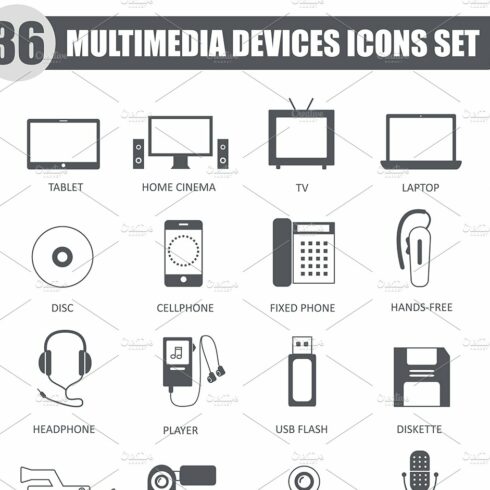 36 Multimedia Devices black icons cover image.