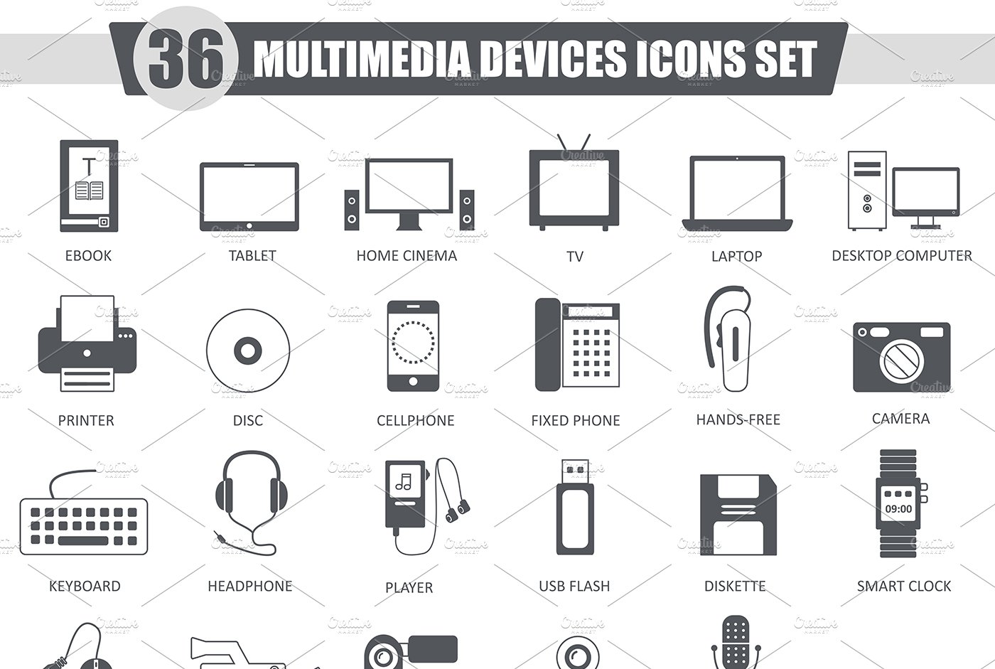 36 Multimedia Devices black icons cover image.