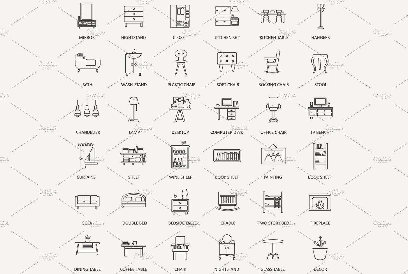 36 Furniture ultra modern line icons preview image.