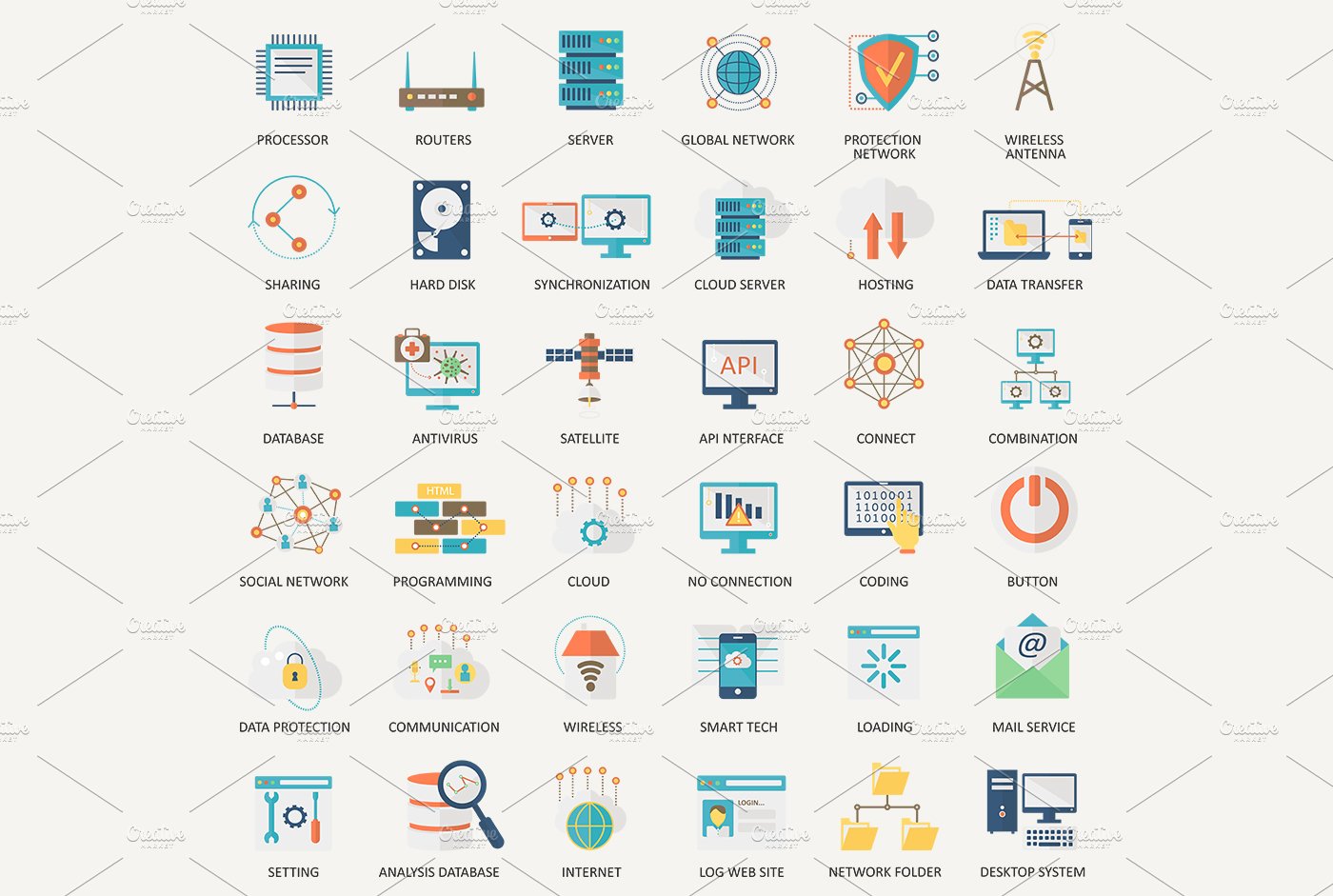 Network technology flat icons set. preview image.