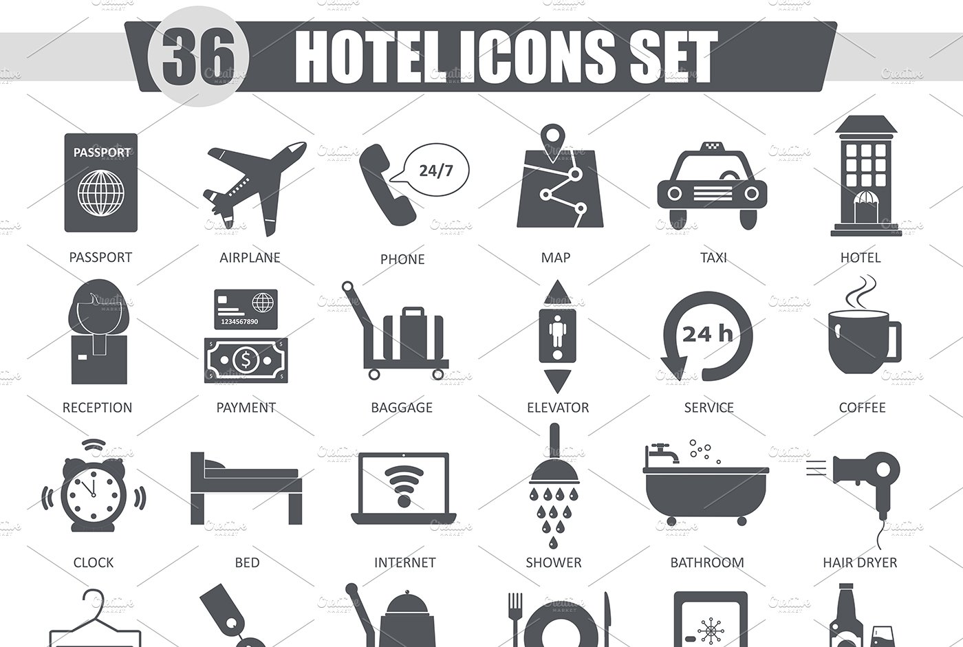 36 Hotel black icons set. cover image.