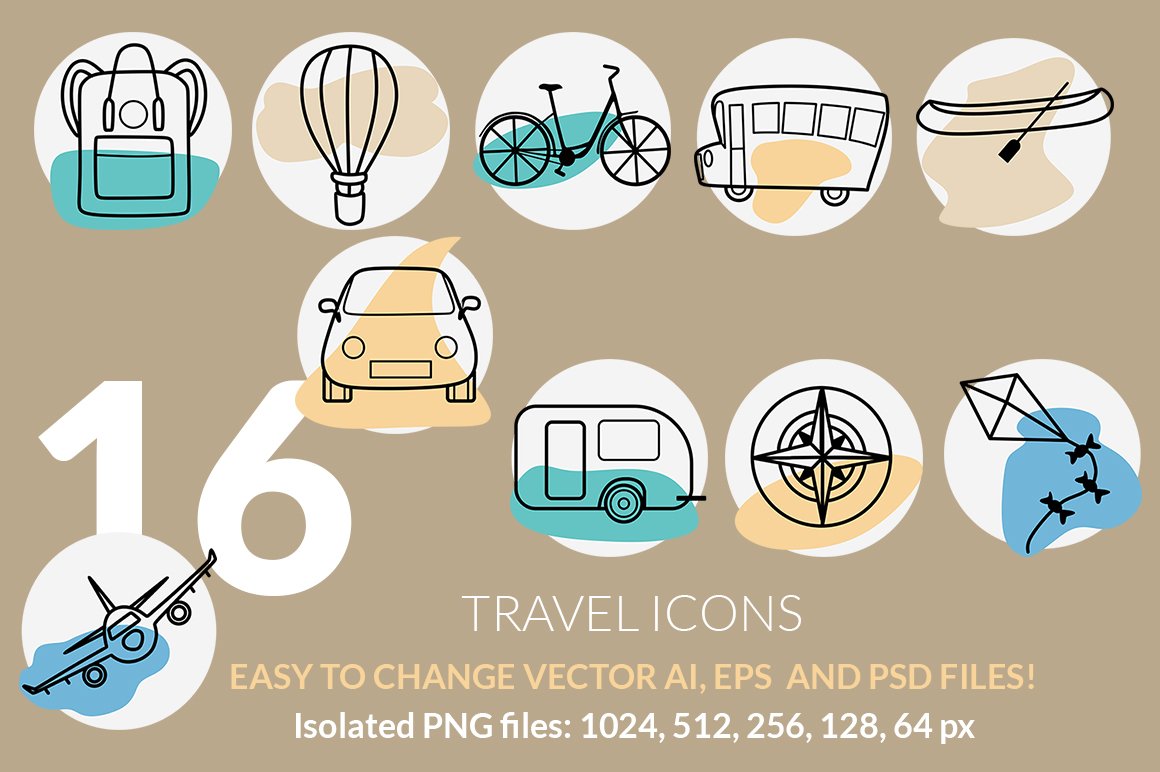 Travel and vacation icons set cover image.