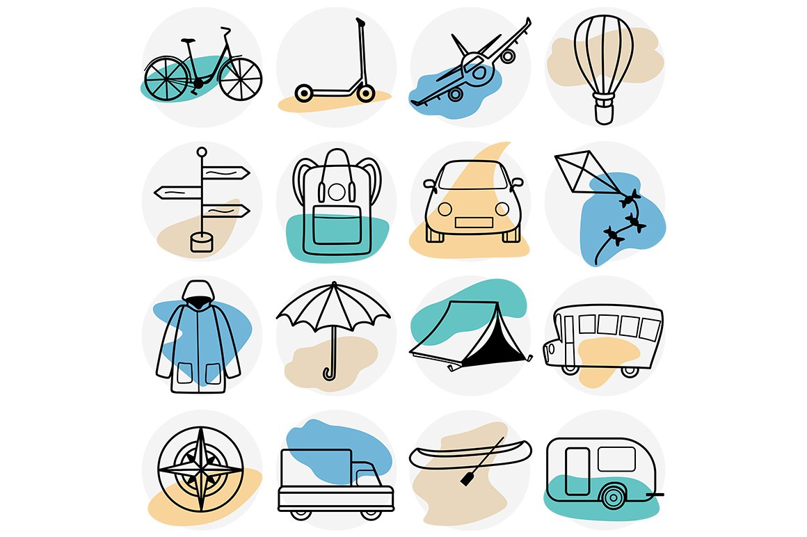 Travel and vacation icons set preview image.