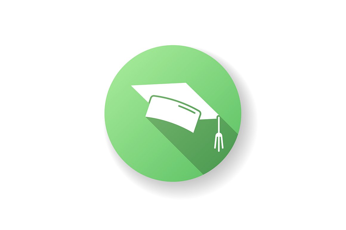 Graduation cap green flat glyph icon cover image.
