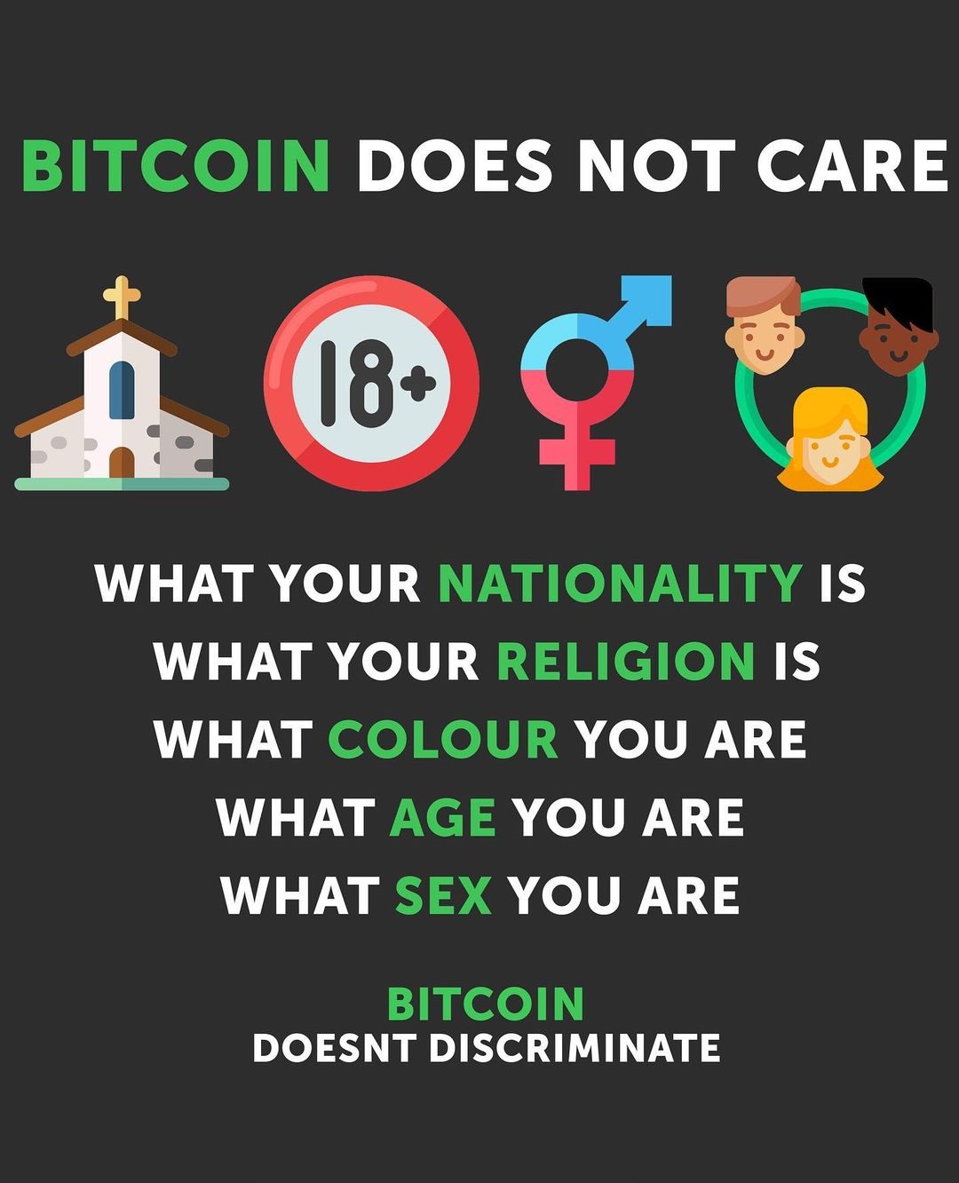 Black background with a quote that says bitcoin does not care.