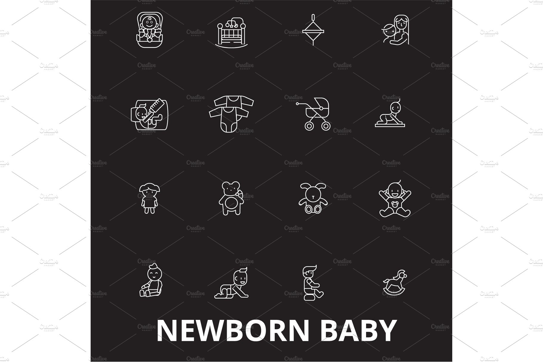Newborn baby editable line icons cover image.
