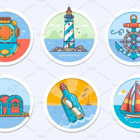Nautical, sailing marine and more.Vector illustration in line color art style. cover image.