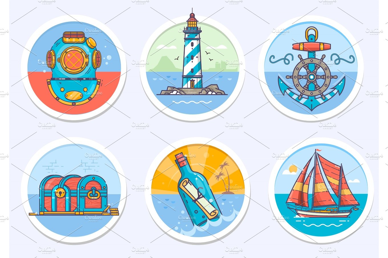 Nautical, sailing marine and more.Vector illustration in line color art style. cover image.