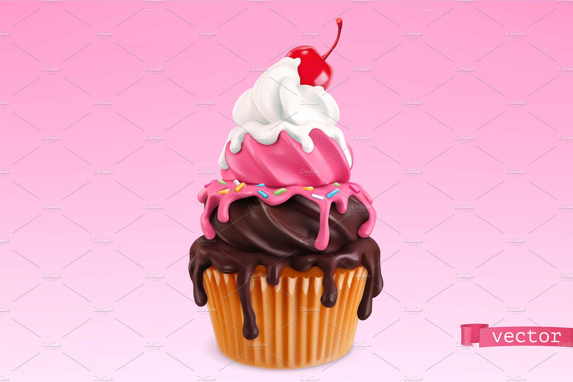 cupcake with cherry realistic vector object. food icon 715