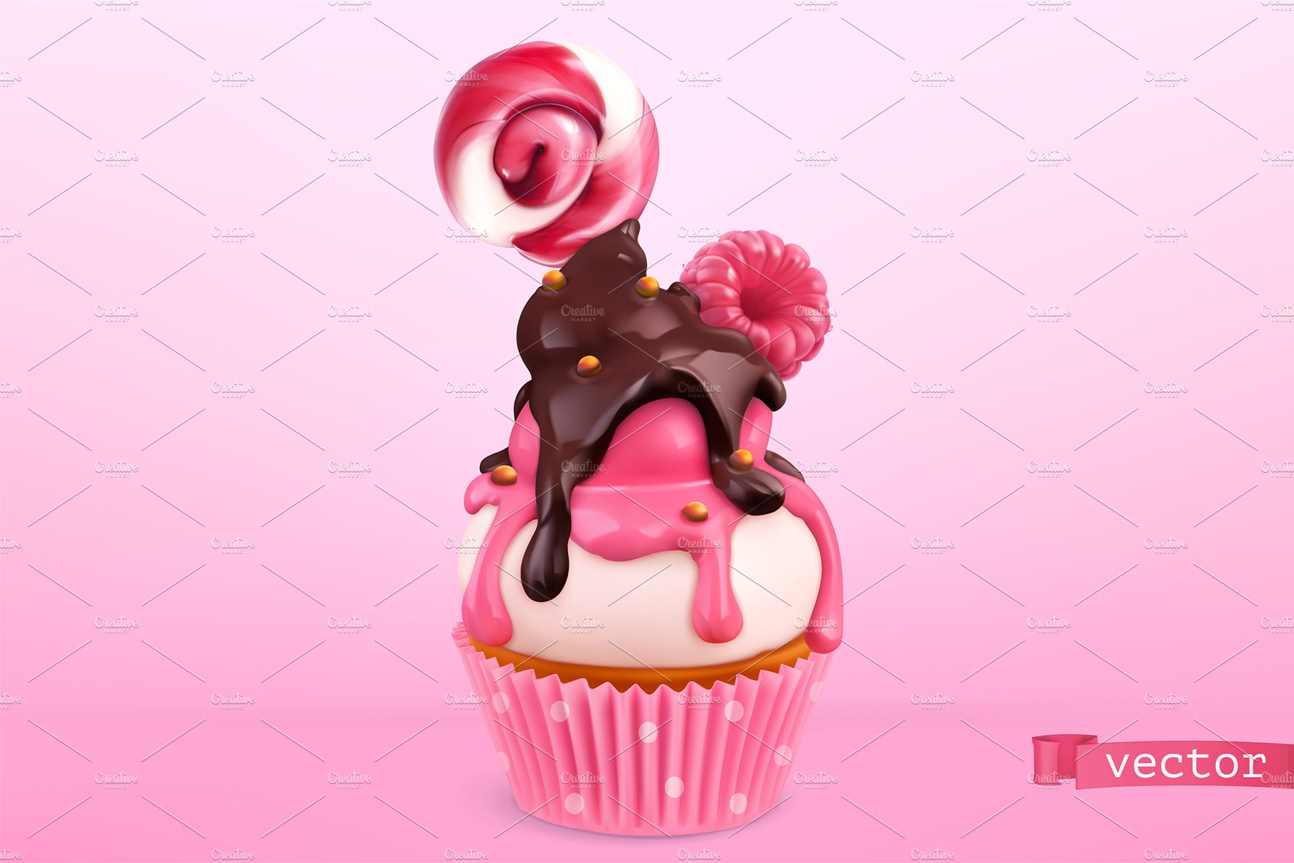 cupcake with raspberry and chocolate realistic vector object food icon 690