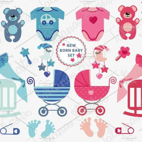 New born Baby boy, girl icons set cover image.