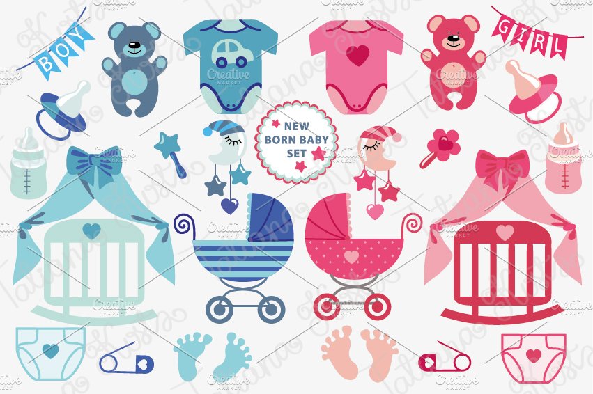 New born Baby boy, girl icons set cover image.