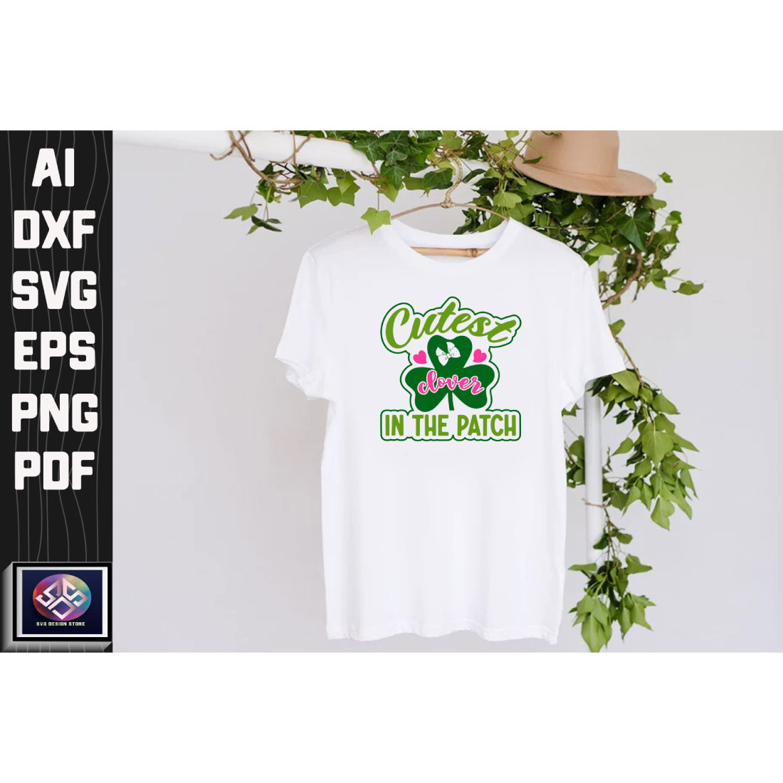 White t - shirt with a green shamrock on it.