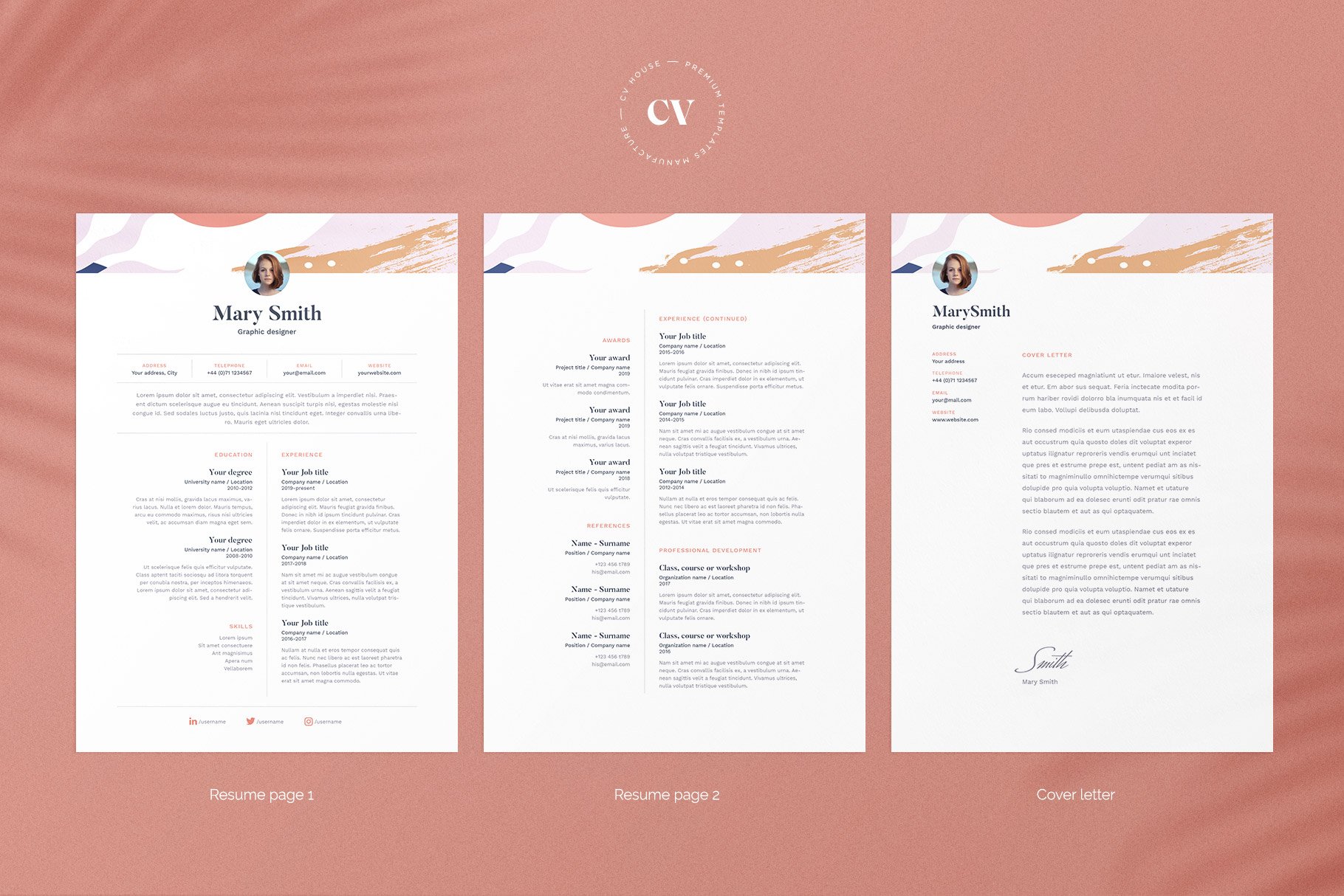 cv resume template with cover letter word photoshop indesign mary overview 595