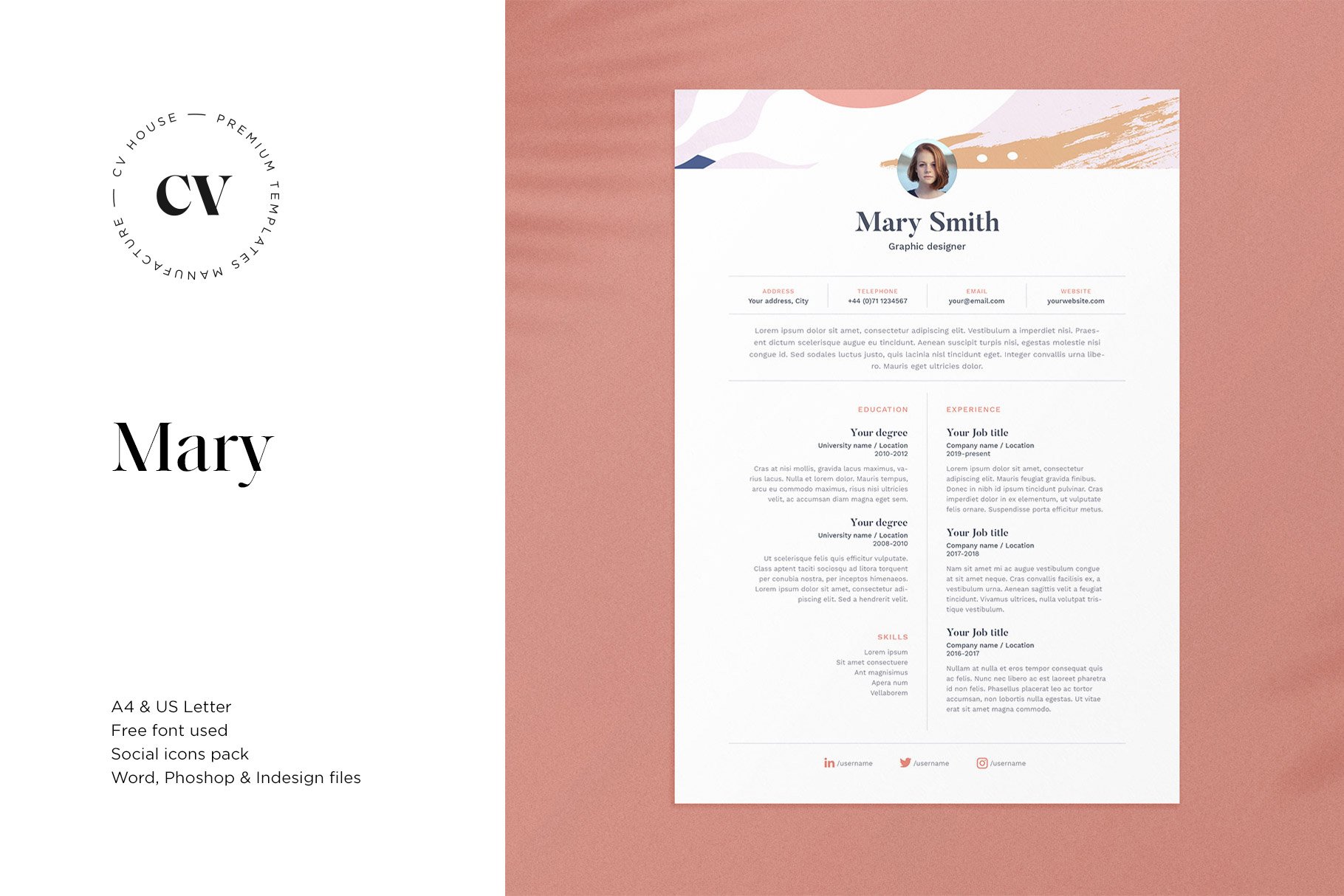 Mary | CV / resume template cover image.