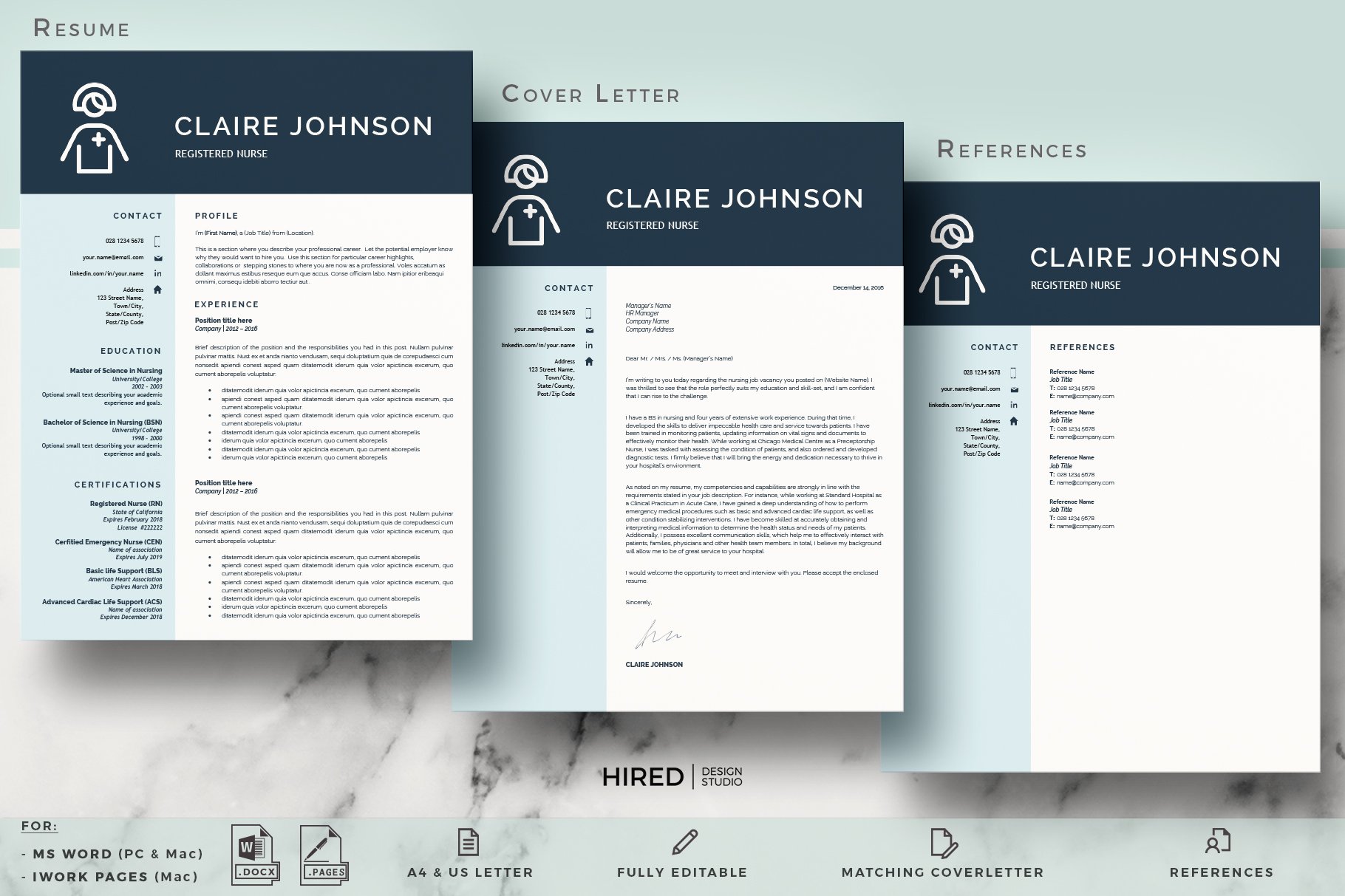 Three resume templates on a marble background.