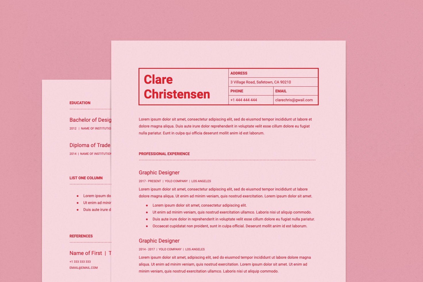 Pink Google Docs Resume Template preview image.