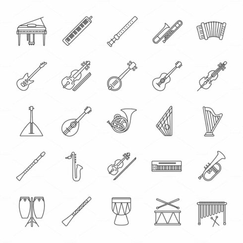 Musical instruments linear icons set cover image.