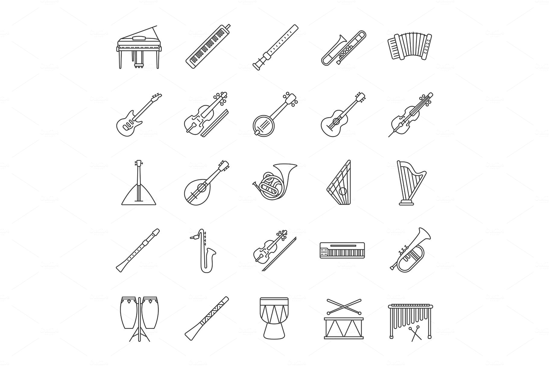 Musical instruments linear icons set cover image.