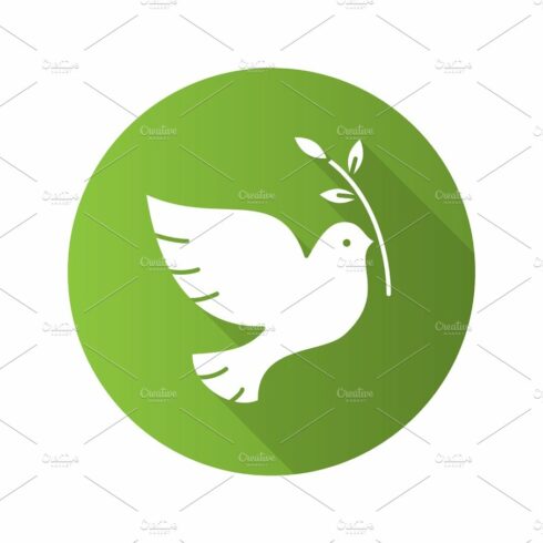 Dove with olive branch. Flat design long shadow icon cover image.