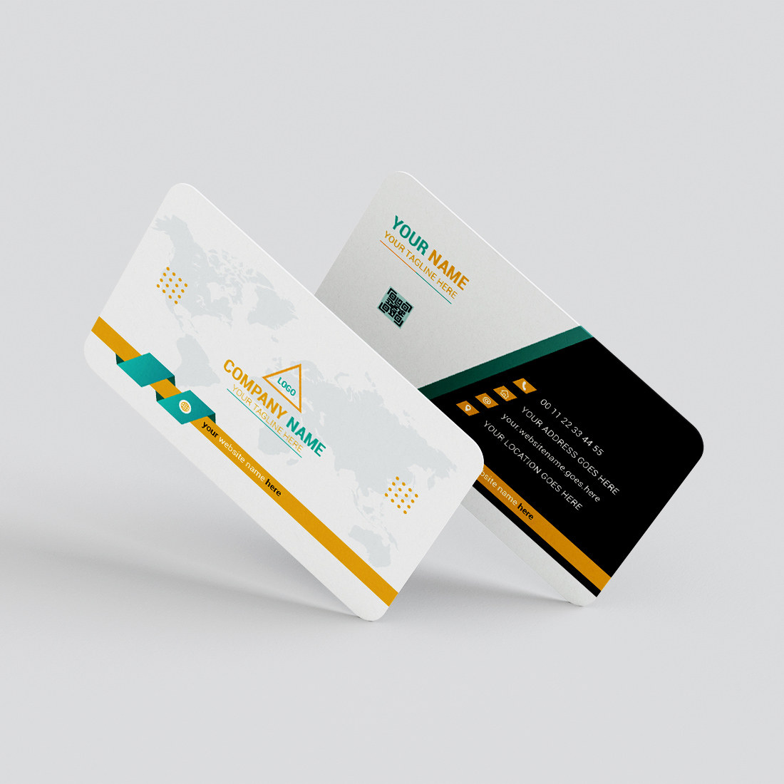 White and black business card with a yellow stripe.
