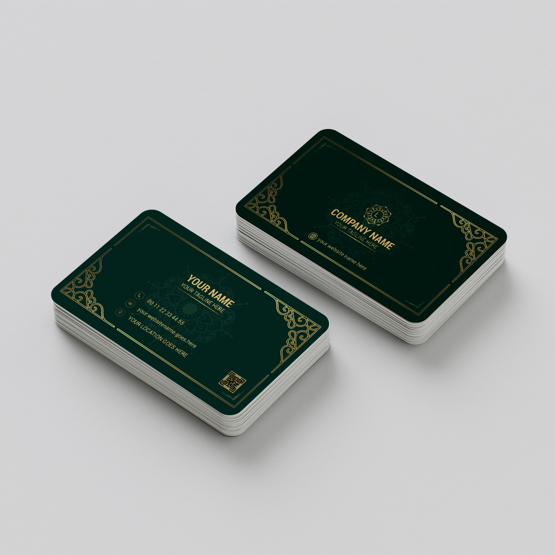 luxury mandala design with gold border green color corporate business card template cover image.