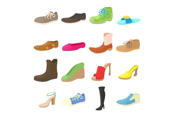 Shoes icons set, cartoon style cover image.