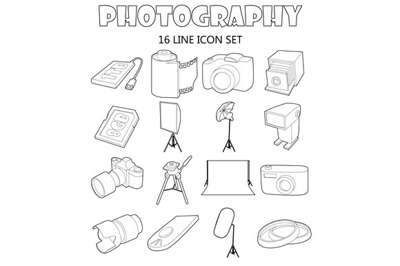 Photography icons set, outline style cover image.
