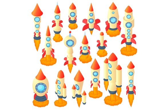 Rocket icons set, cartoon style cover image.