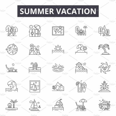 Summer vacation line icons, signs cover image.