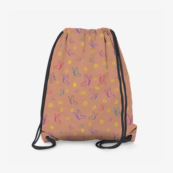 Drawsack bag with a pattern on it.