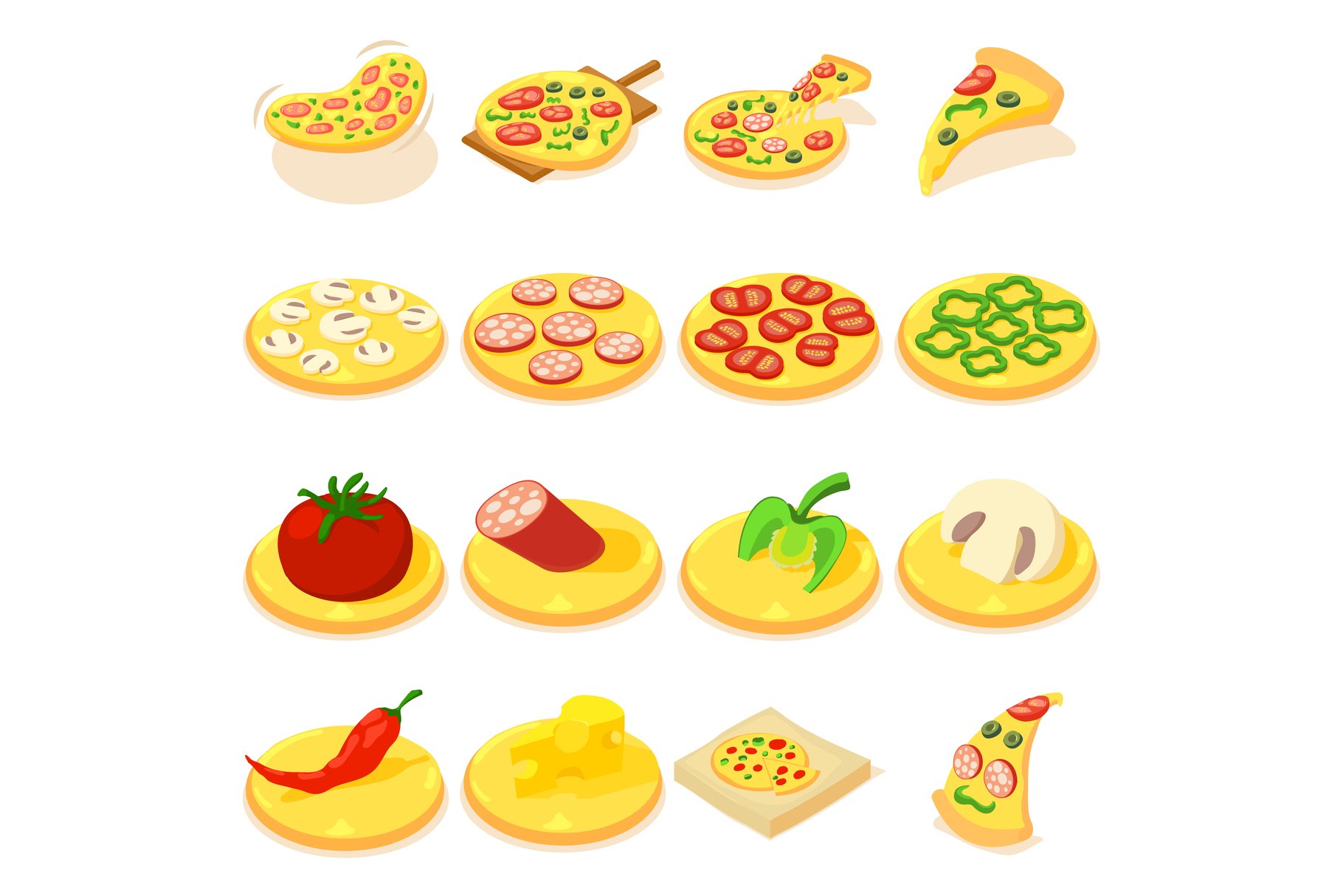 Pizza icons set, isometric style cover image.