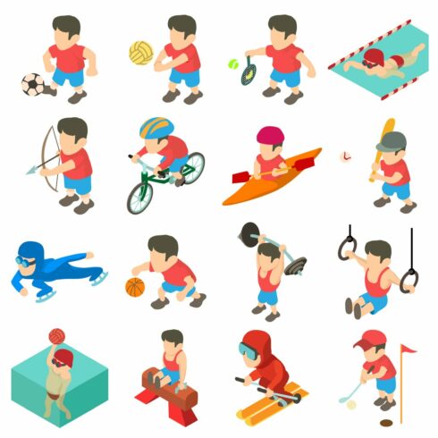 Sport icons set, isometric style cover image.