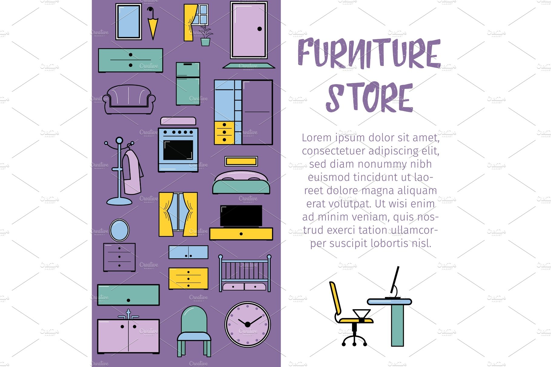 Furniture interior store vector cover image.