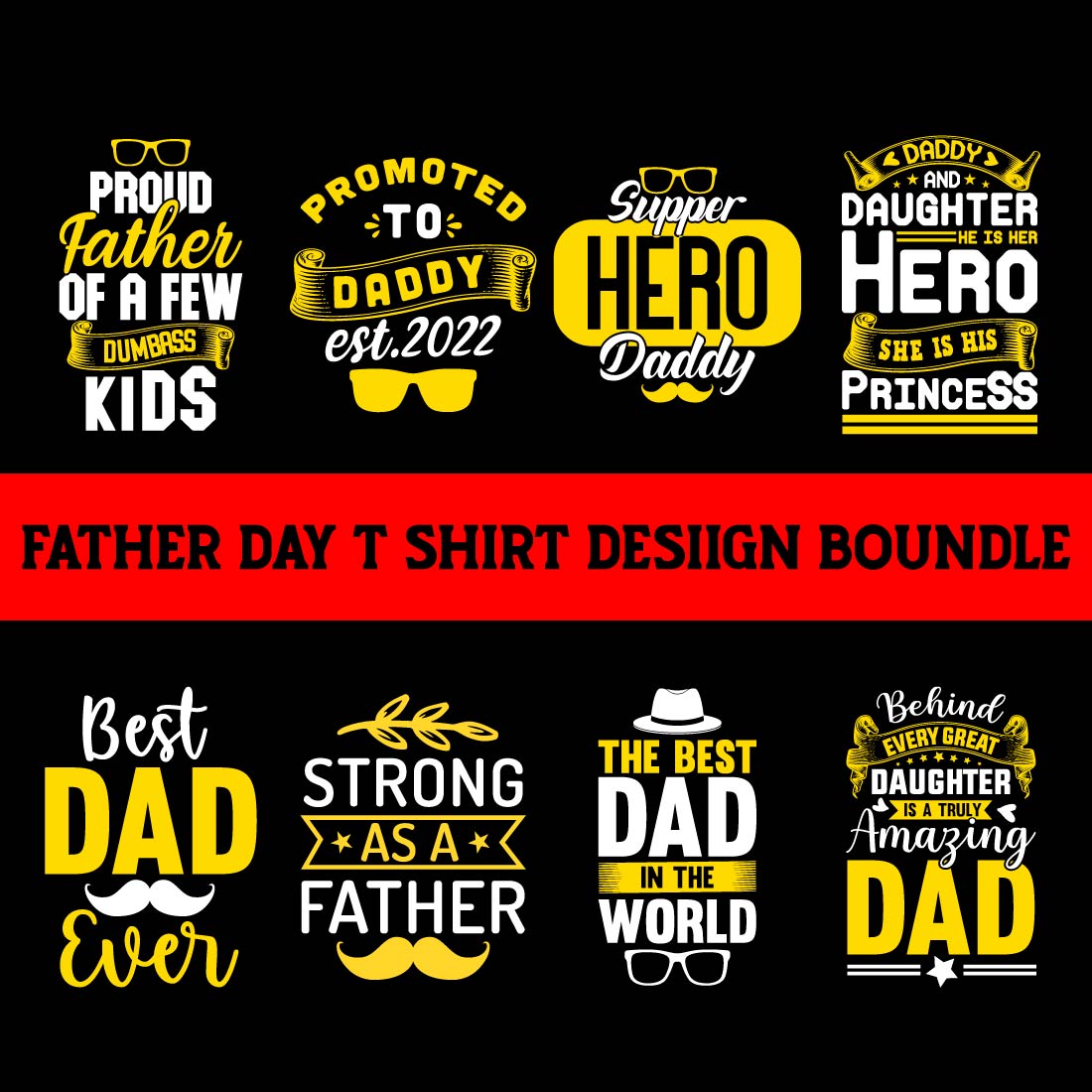 Fathers day typography t-shirt design bundle preview image.