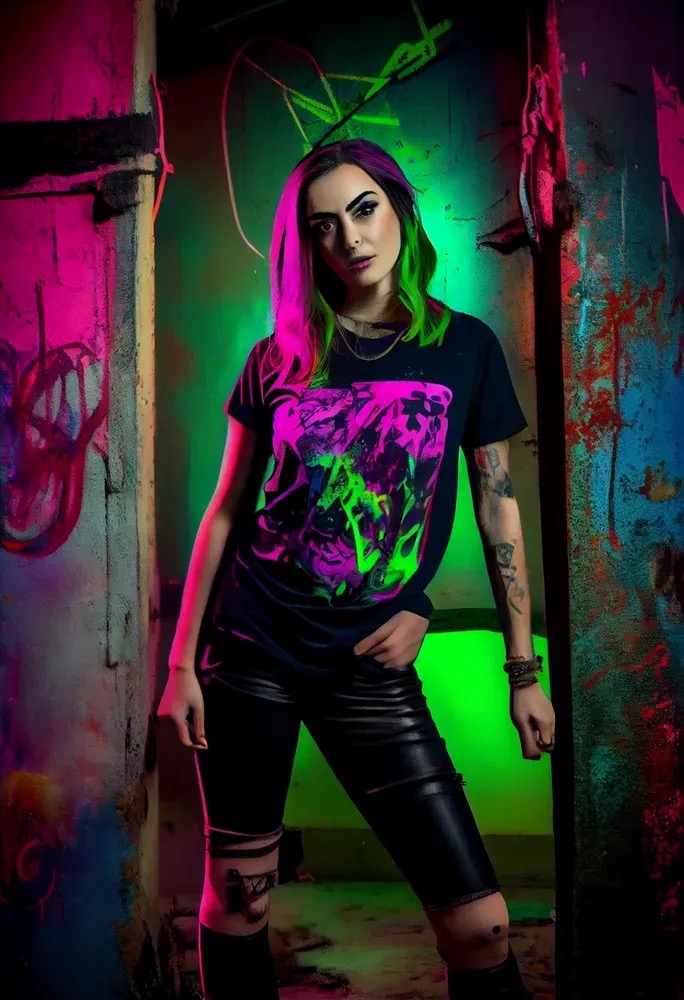 Woman with green hair wearing a black shirt.