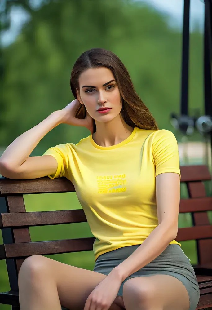 Woman in a yellow shirt is sitting on a bench.